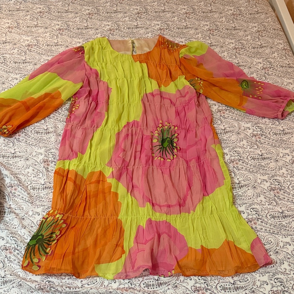 Trina Turk Floral Crinkle Dress in Pink, Orange & Lime